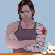 bucky barnes comics panel. he has his arms crossed with alpine reaching up from the corner