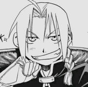 edward elric manga panel. he's sitting on a chair, smirking, with his right hand on his chin